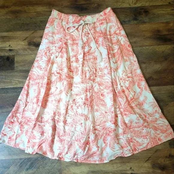 Kirious Pleated Coral & White Linen Blend Floral Skirt Size Medium - Picture 1 of 7